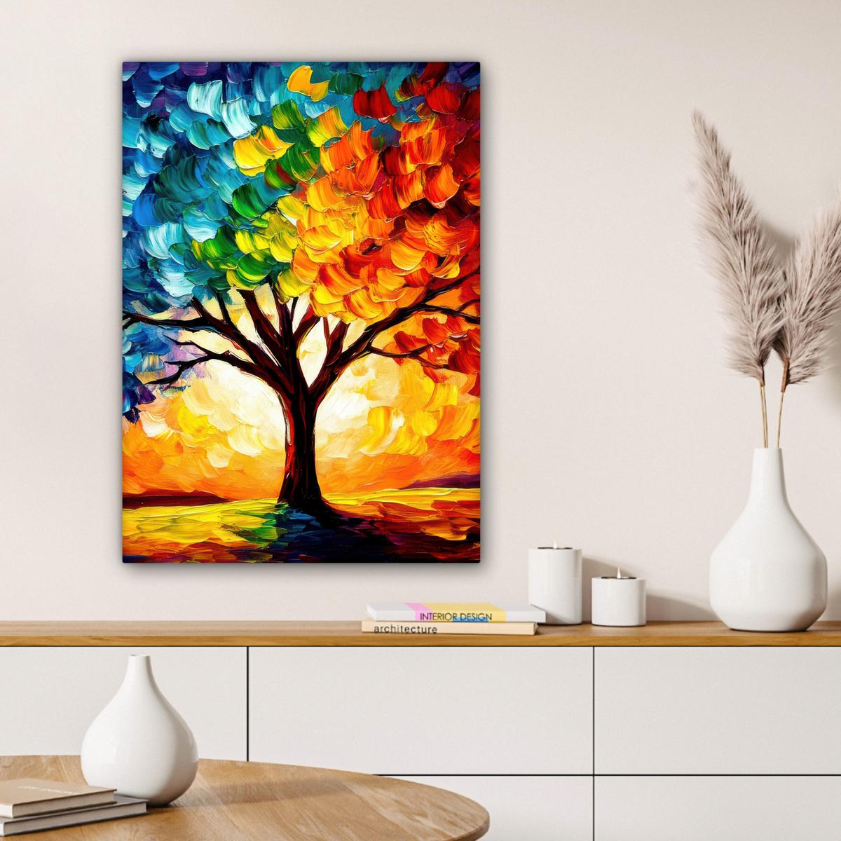 LEINWANDBILD Baum - Kunst - Natur - Sonnenuntergang Wandbild Wohnzimmer 60x80 cm - Multicolor, Textil (60/80cm) - MuchoWow