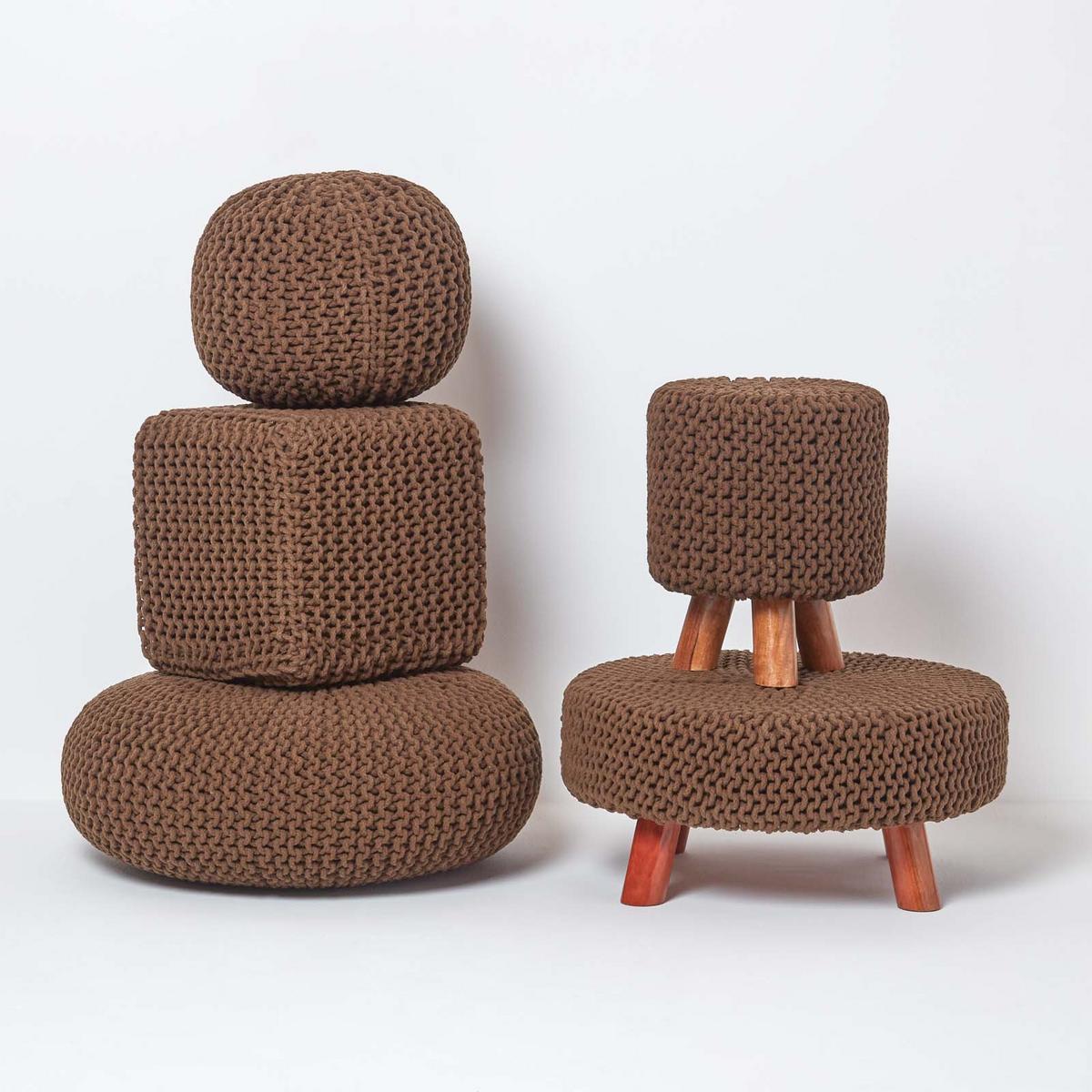STRICK-HOCKER braun, Dreibein 32/32/42 cm - Braun, Textil (32/42/32cm) - Homescapes