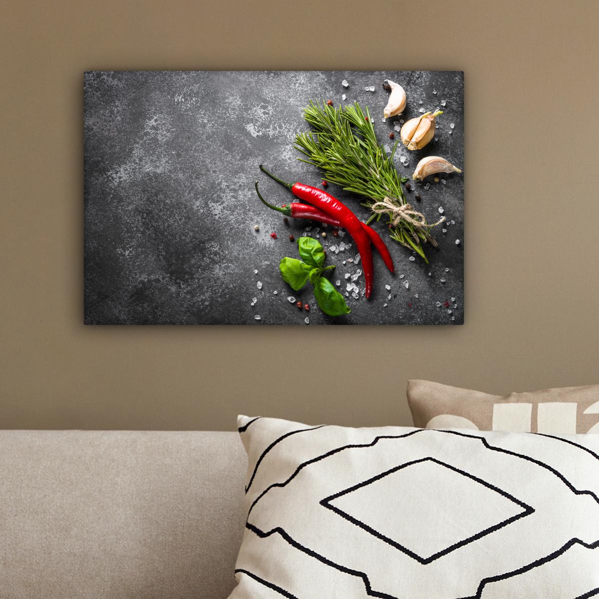 LEINWANDBILD Pfeffer - Kräuter - Gewürze - Beton Deko Schlafzimmer 30x20 cm - Dunkelgrau, Textil (30/20cm) - MuchoWow
