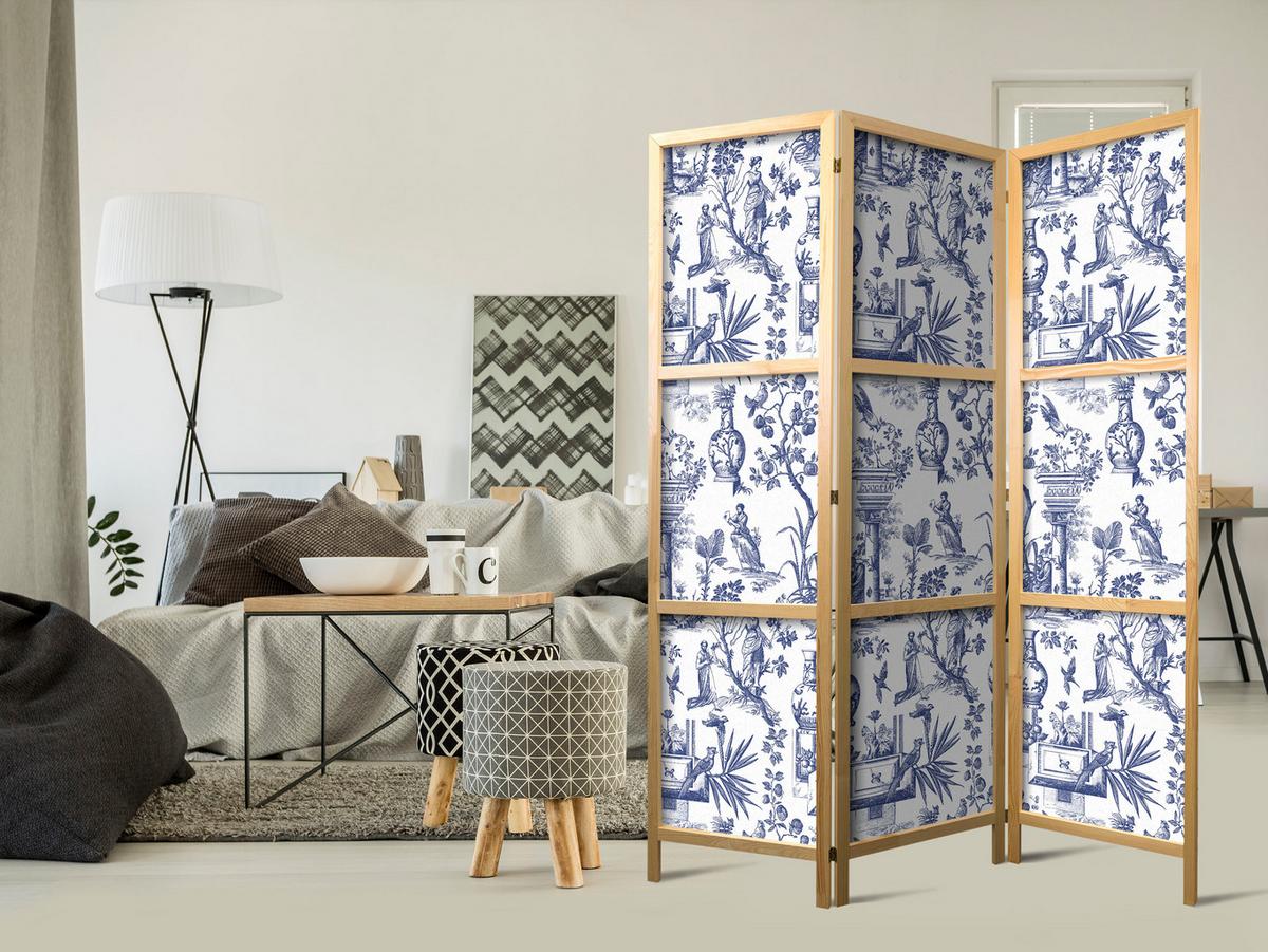 PARAVENT Japanischer 3-tlg 135x172 cm Rom Botanik - Blau, Holz/Textil (135/172/3cm) - Muralo