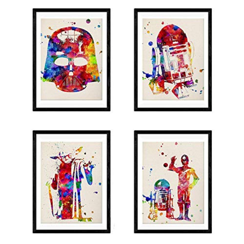 POSTER Set mit 4 Star Wars Film Darth Vader, Yoda, R2D2 und C3PO A4 Schwarzer Rahmen - Schwarz, Papier (29.7/3cm) - Nacnic