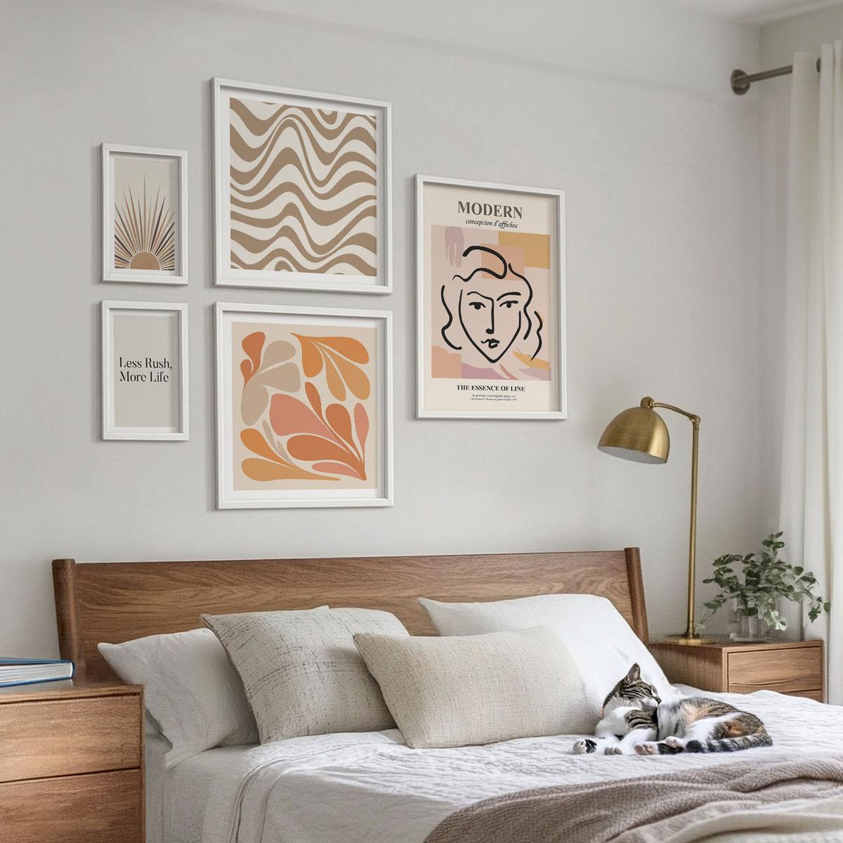 BILDER SET 5er Set - 50x50 cm & 20x30 cm & 40x60 cm Weißer Rahmen - Sonnen-Boho-Pastelltönen - Weiß, Kunststoff (40/60cm) - TULUP