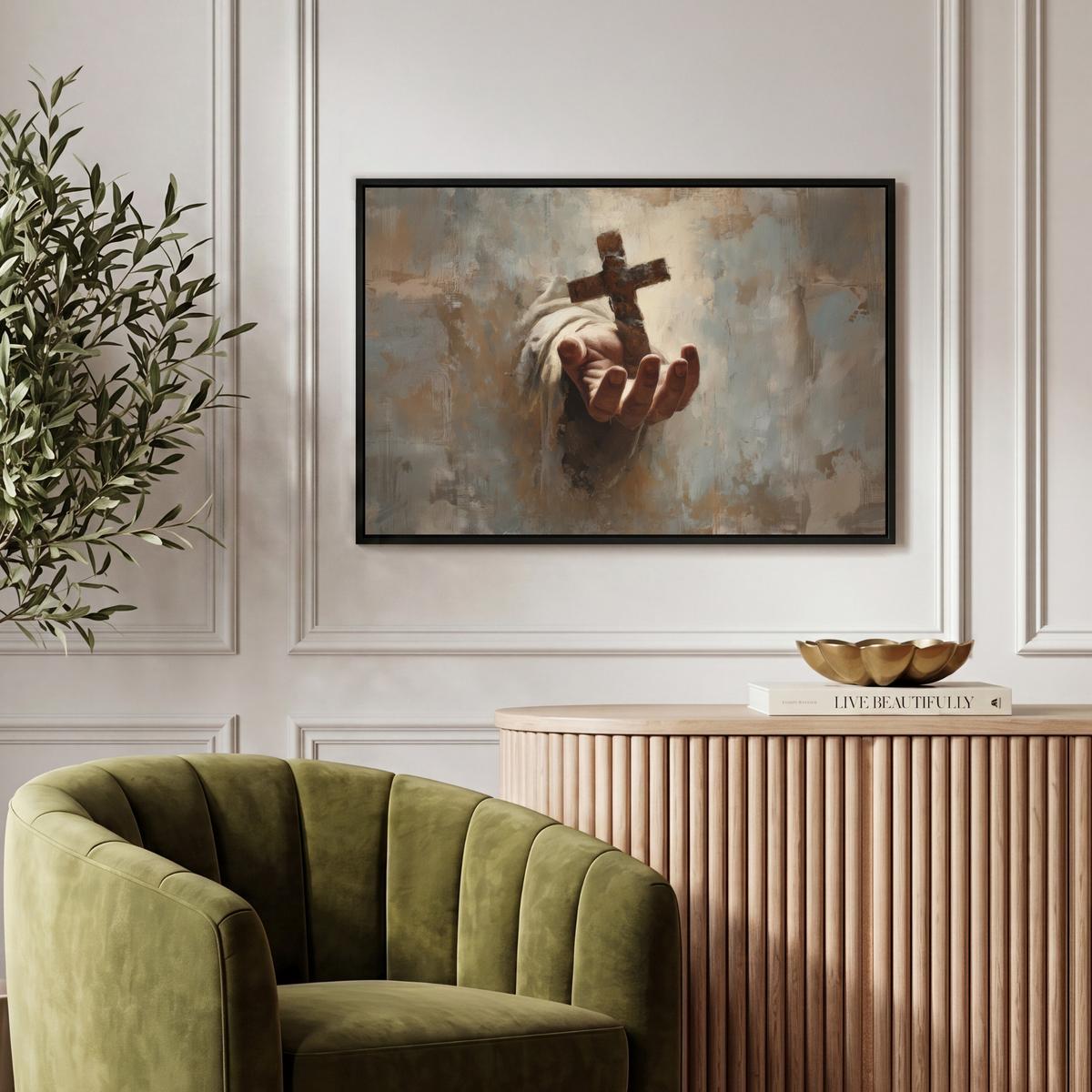LEINWAND Bilder mit Rahmen - Abstrakt - Kreuz - Hand - Christentum - 60x40 - Hellbraun, Textil (60/40cm) - MuchoWow