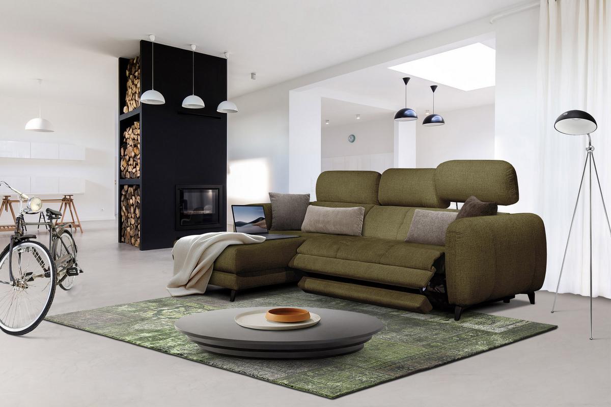ECKSOFA SVEN 3-Sitzer, 1 Relax XL, verstellbare Kopfstützen, olivgrün - Schwarz/Olivgrün, Holzwerkstoff/Textil (256/163cm) - Wozimo
