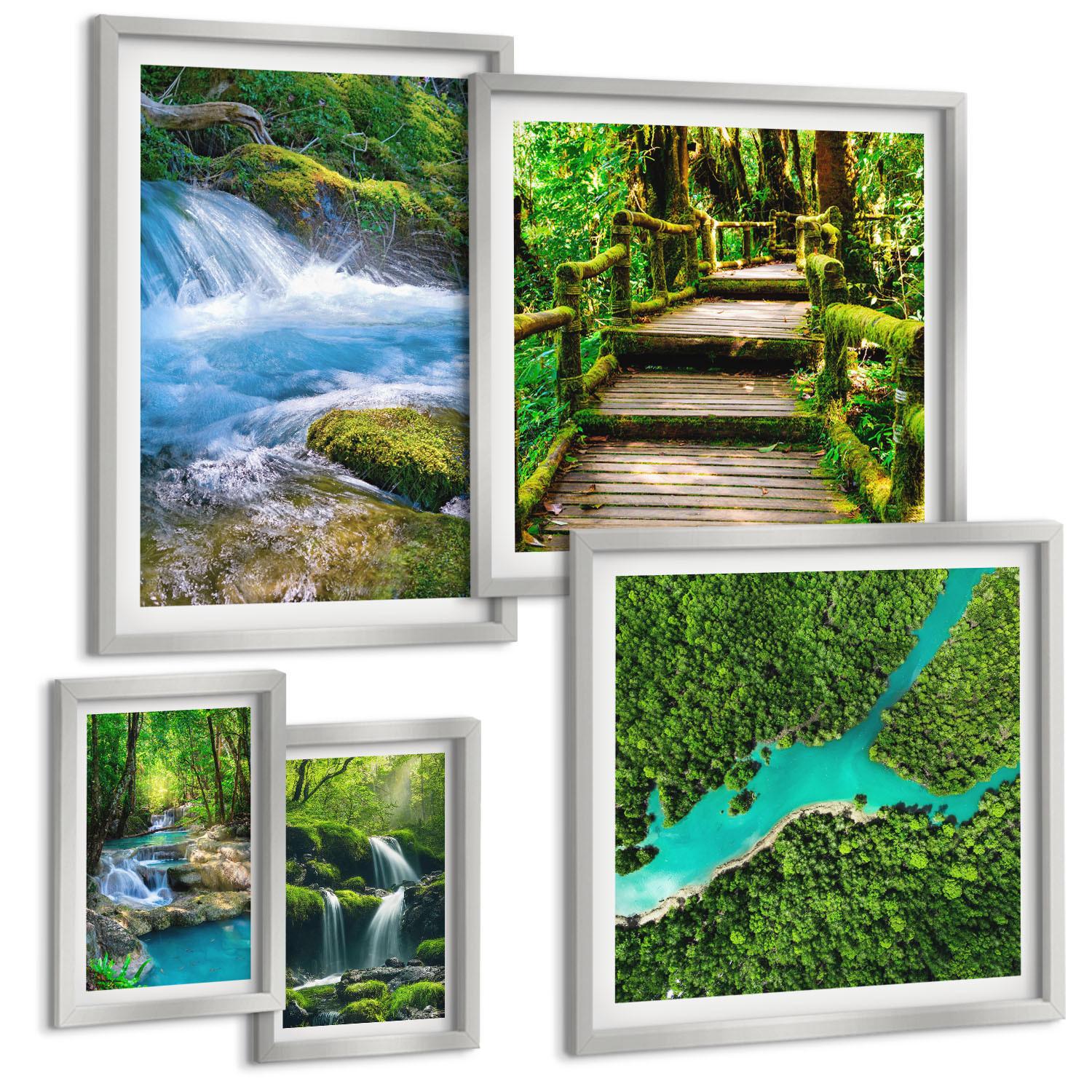BILDER SET 5er Set - 50x50 cm & 20x30 cm & 40x60 cm Silberner Rahmen - Grüne Berge, Flussfelsen - Silberfarben, Kunststoff (40/60cm) - TULUP