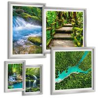 BILDER SET 5er Set - 50x50 cm & 20x30 cm & 40x60 cm Silberner Rahmen - Grüne Berge, Flussfelsen - Silberfarben, Kunststoff (40/60cm) - TULUP