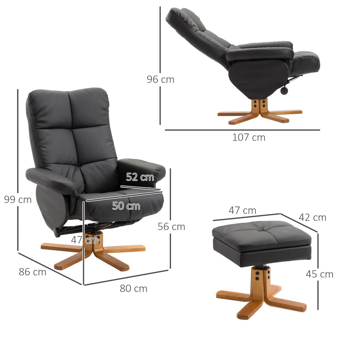 RELAXSESSEL mit Hocker Fernsehsessel 360° drehbar Liegefunktion Holz Schwarz - Schwarz, Holz/Kunststoff (86/99/80cm) - HOMCOM