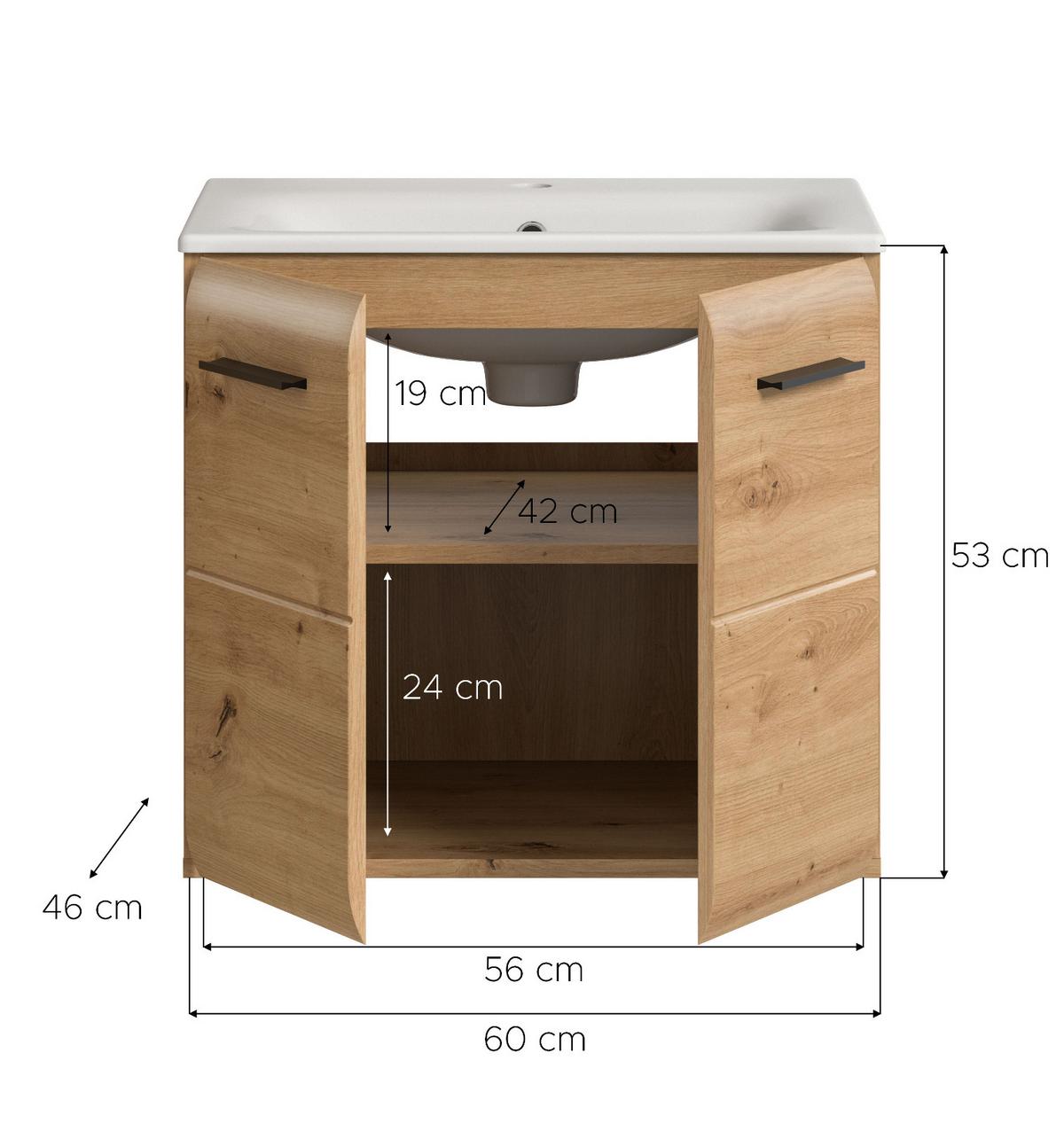 WASCHTISCH Eiche Artisan, Set Waschbeckenunterschrank hängend mit Waschbecken, Breite 60 cm - Schwarz/Eiche Artisan, Keramik/Holzwerkstoff (60/55/46cm) - Inn.Furn