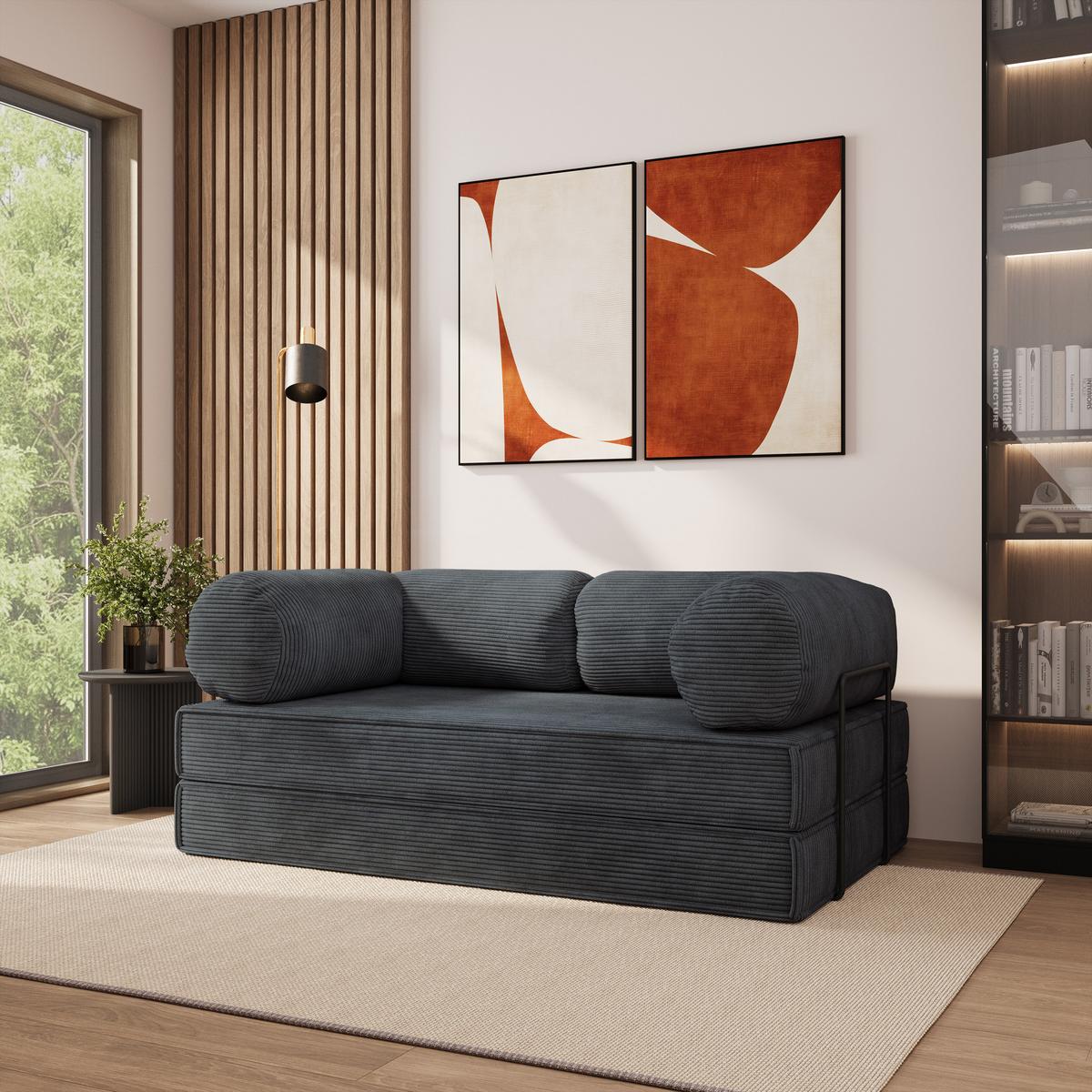 BETTSOFA ALVIO aus Schaumstoff Kordstoff Grau Schlaffunktion - Dunkelgrau, Textil (170/68/80cm) - MASSENO
