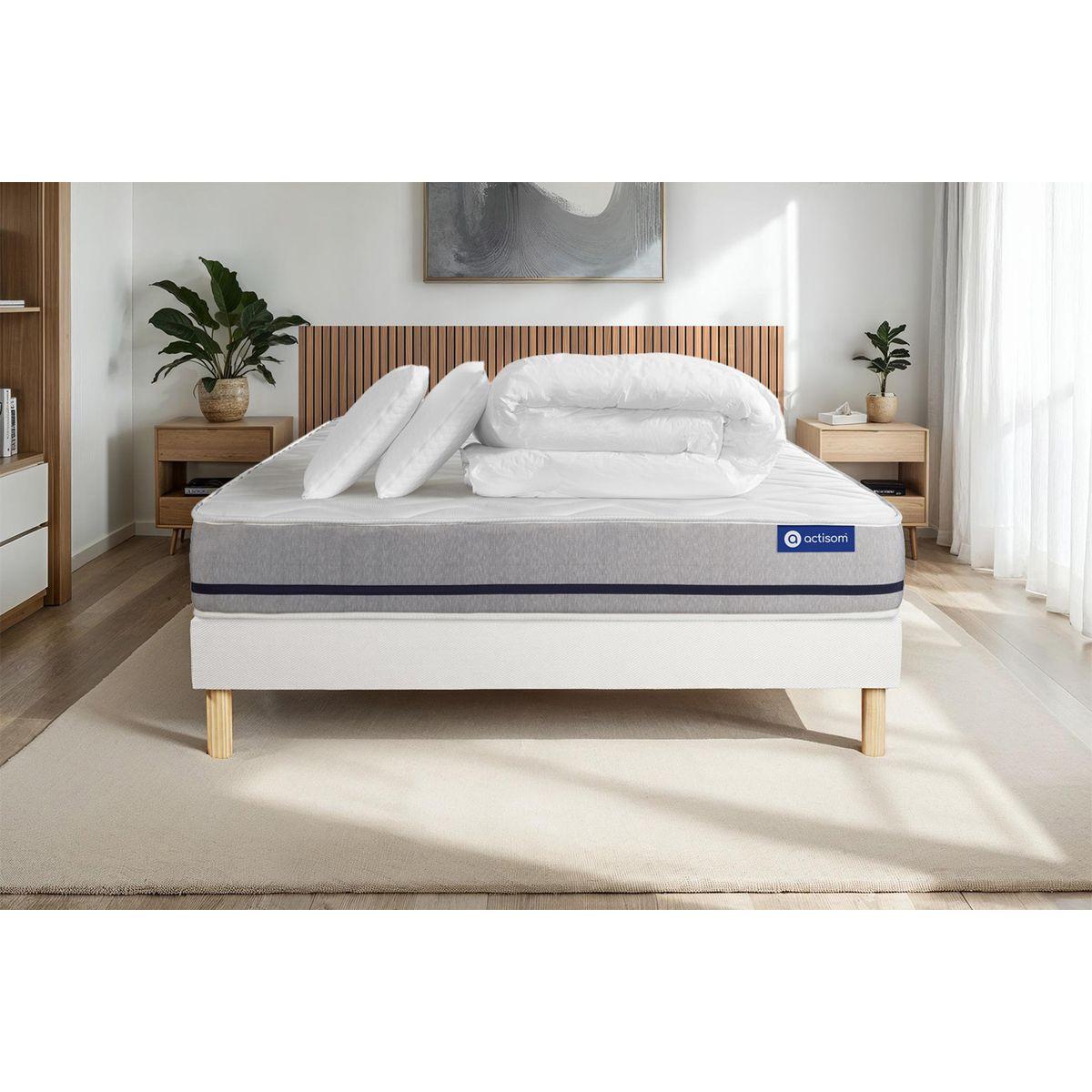 BETT Actimemo soft Memory-Schaum 160 x 200 cm h2 - Kit Bettgestell Weiß - Mit Kissen und Bettdecke - Beige/Weiß, Karton/Holz (160/200cm) - ACTISOM