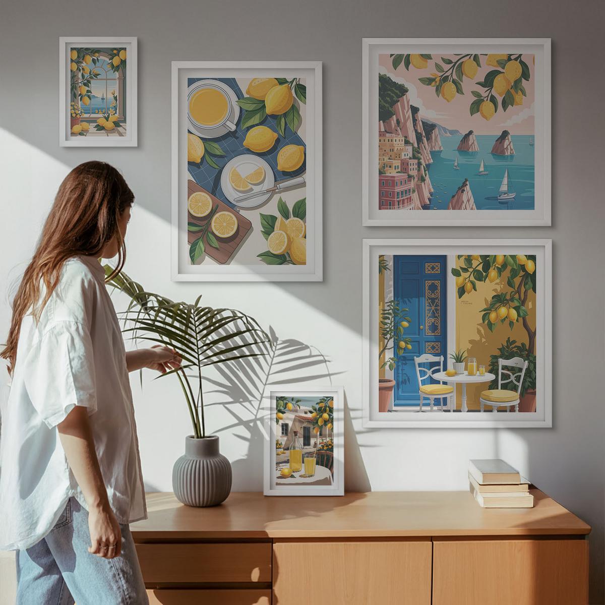 BILDER SET 5er Set - 50x50 cm & 20x30 cm & 40x60 cm Weißer Rahmen - Berge, rosa Himmel, Wasser, Sukkulente - Weiß, Kunststoff (40/60cm) - TULUP