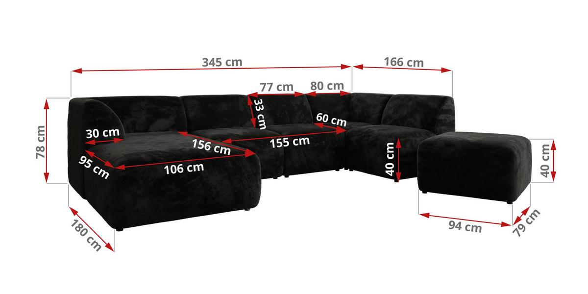 WOHNLANDSCHAFT MODARO U 6M - Schwarz Plüsch - Links - Schwarz, Textil (180/78/345cm) - MKS
