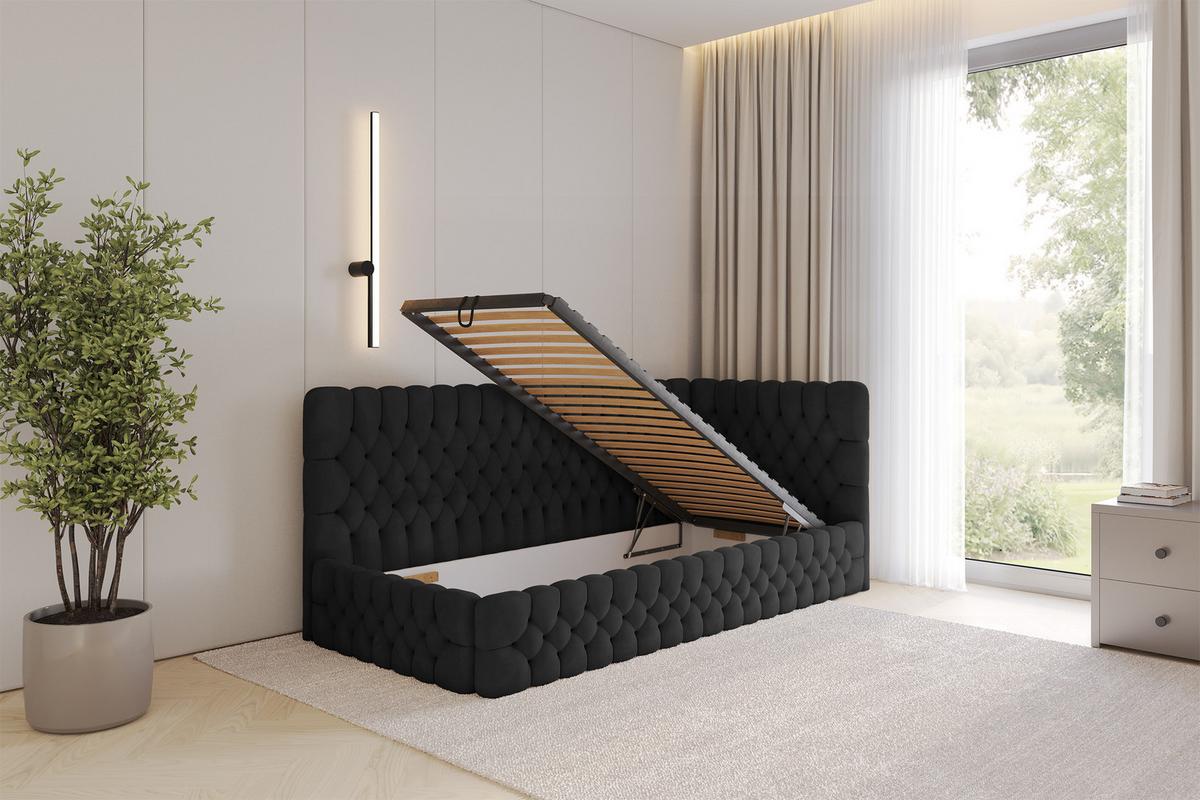 EINZELLBETT Jugendbett mit Bettkasten und Matratze H3/H4, Links - MULY 100x200 Schwarz - Schwarz, Holzwerkstoff/Textil (100/200cm) - ALTDECOR