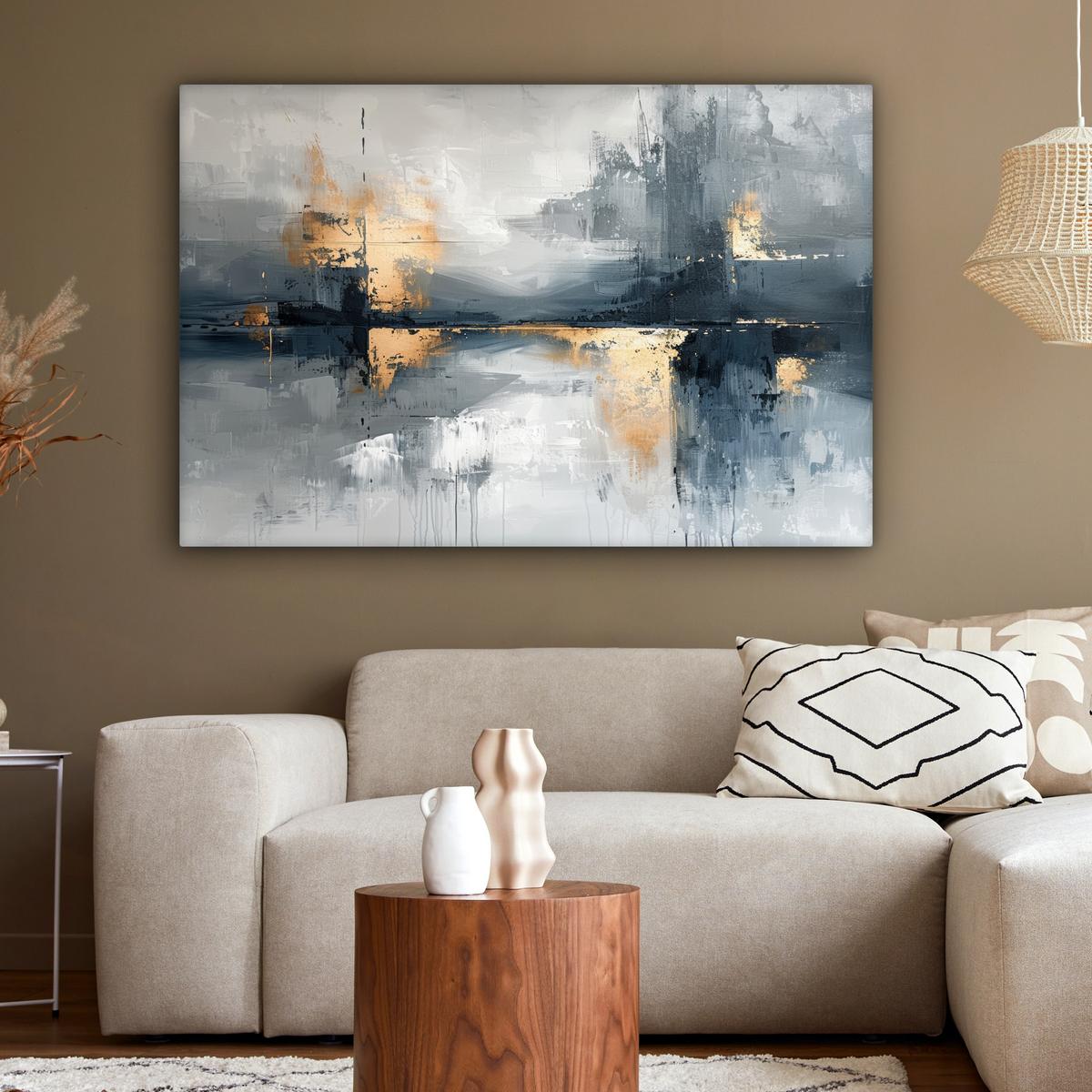 LEINWANDBILD Kunst - Grau - Gold - Abstrakt Wohnzimmer Groß 120x80 cm - Dunkelgrau, Textil (120/80cm) - MuchoWow