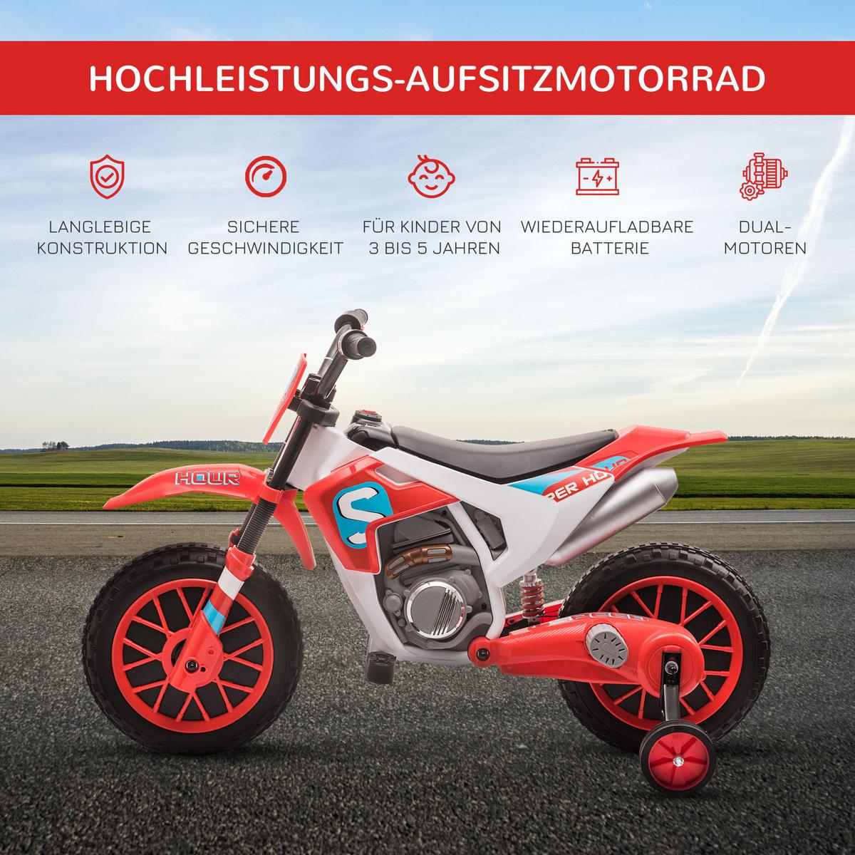 ELEKTRO KINDERMOTORRAD, Blau/Grün/ Rot, PP+ Metall - Rot, Kunststoff (106.5/51.5/68cm) - HOMCOM