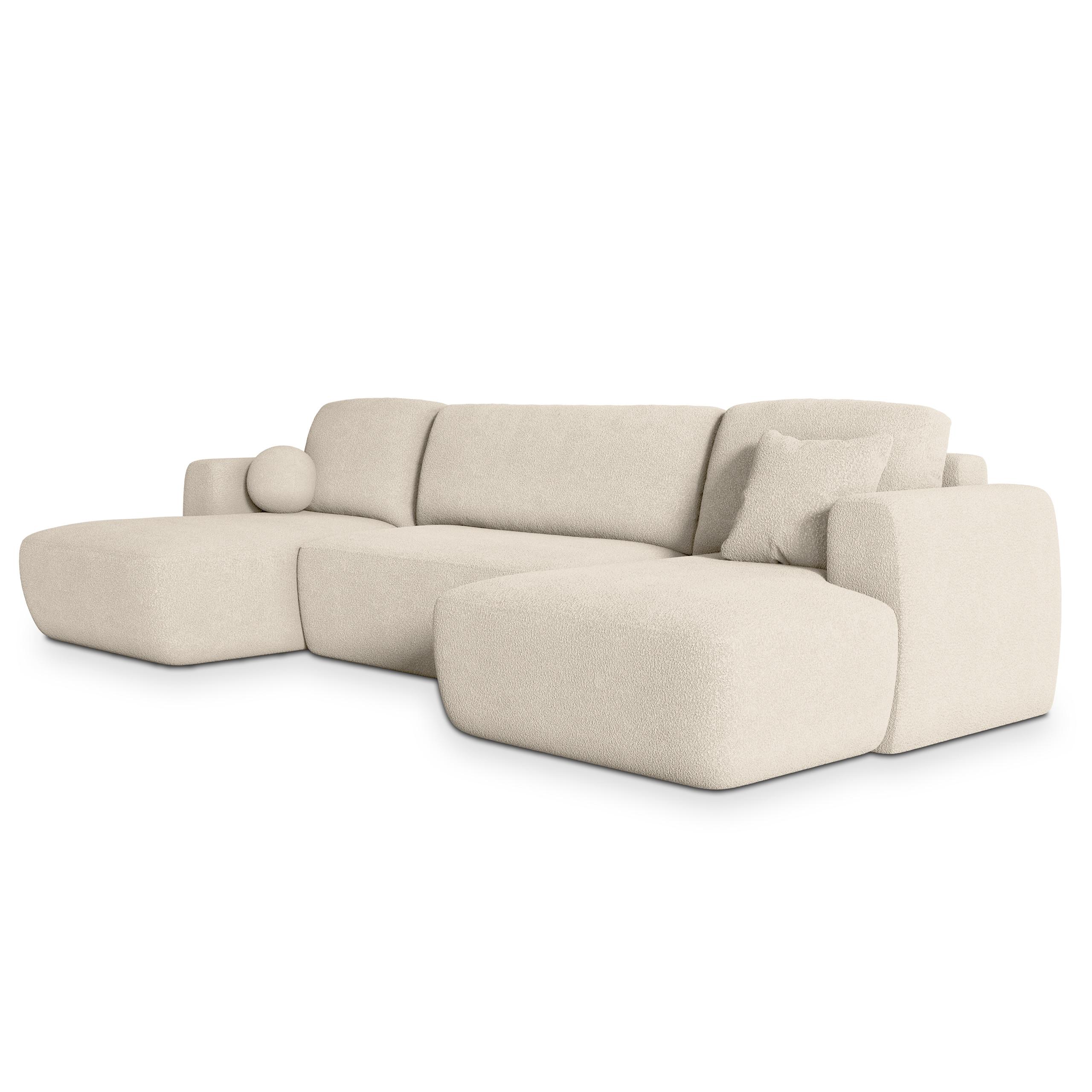 WOHNLANDSCHAFT SENTUM N Creme Boucle-Stoff mit Schlaffunktion - Creme/Schwarz, Holz/Kunststoff (330/90/148cm) - MASSENO