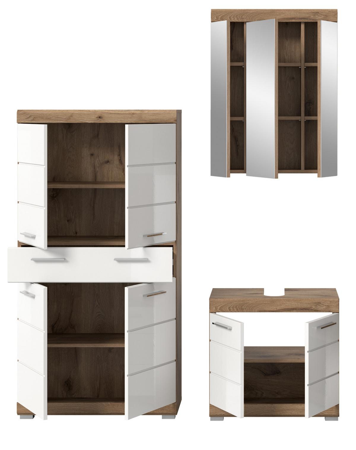 BADMÖBEL-SET weiß Hochglanz, Eiche 3-teilig 149 cm mit viel Stauraum - Weiß Hochglanz/Eichefarben, Glas/Holzwerkstoff (149/191/34cm) - Inn.Furn
