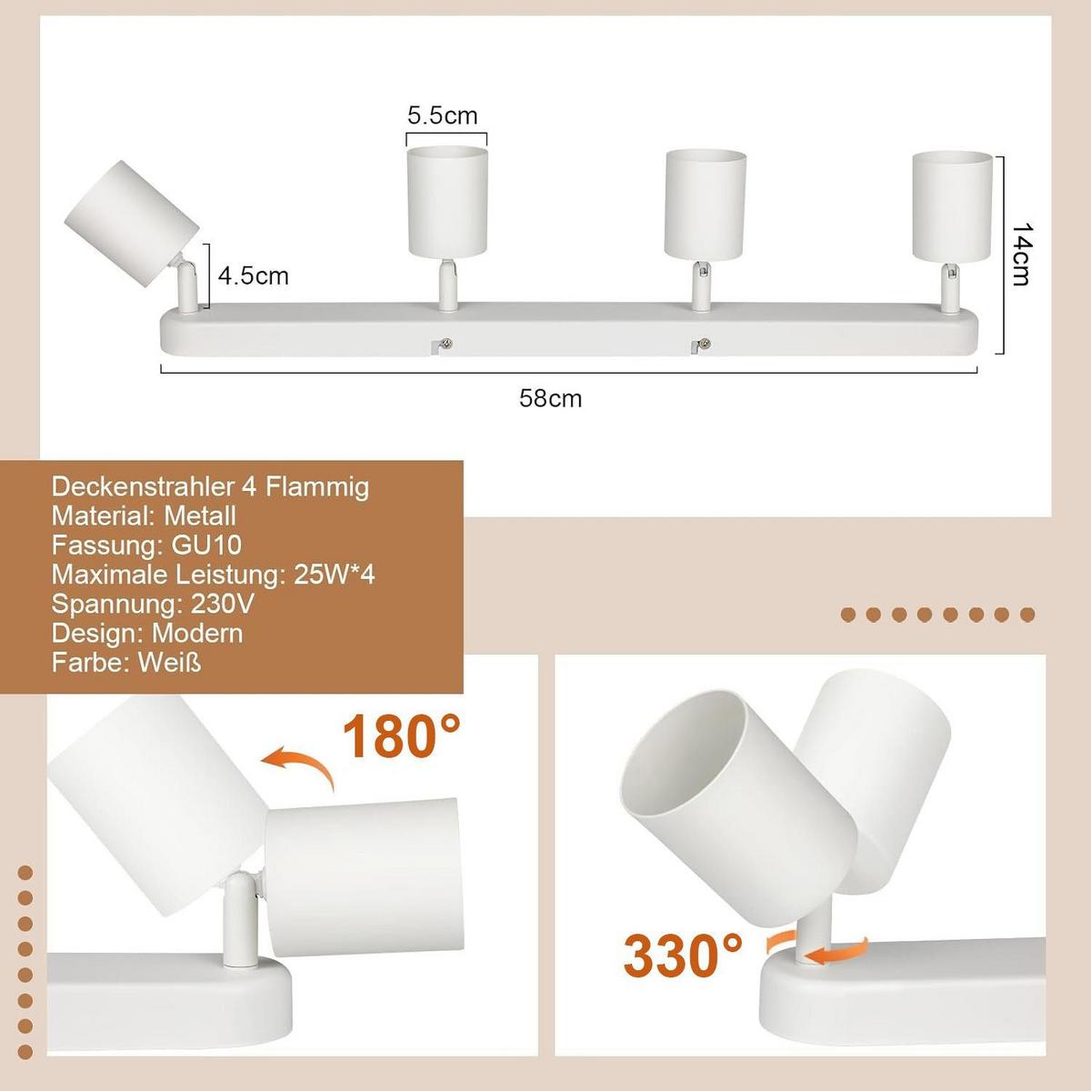 DECKENSTRAHLER Freiheit 4-flammig 58/7/14 cm - Weiß, Metall (58/7/14cm) - Nettlife
