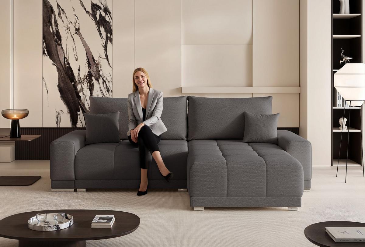 ECKSOFA TARA mit Schlaffunktion und Bettkasten Dunkelgrau - Chromfarben/Dunkelgrau, Kunststoff/Textil (261/178cm) - Idohome