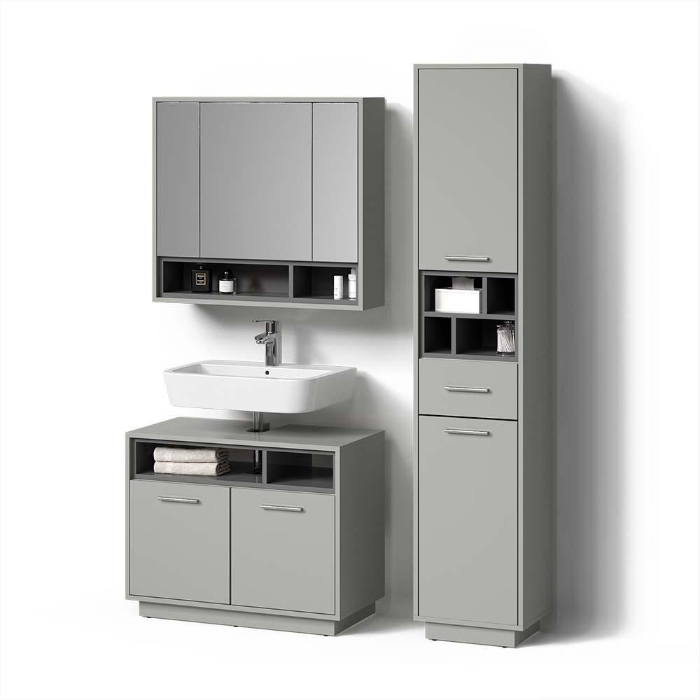 BADMÖBEL-SET Temo Grau 3 Teile, mit Hochschrank - Grau, Holzwerkstoff (80/64/40cm) - Livinity®