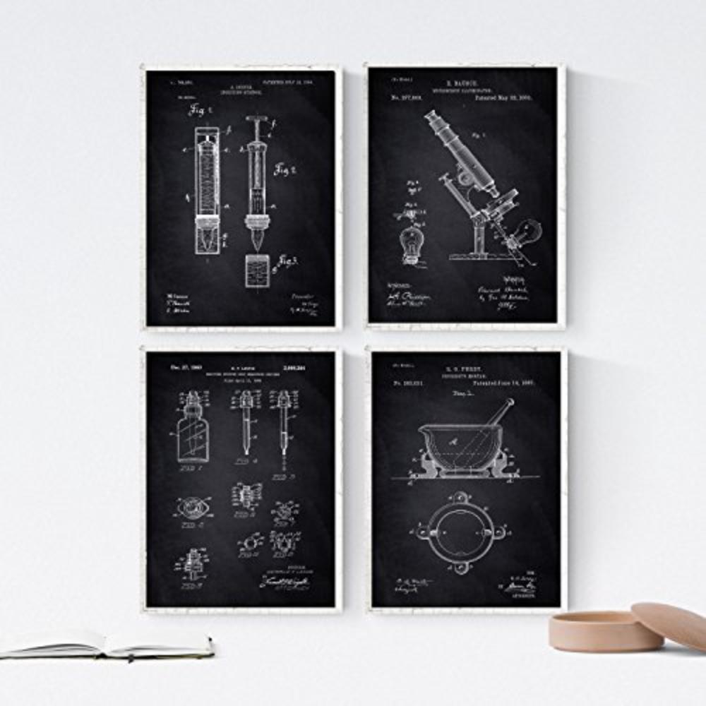 POSTER Set mit 4 Schwarz Apotheke Patent A4 Schwarzer Rahmen - Schwarz, Papier (29.7/3cm) - Nacnic