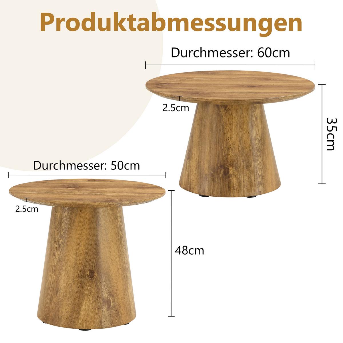 COUCHTISCH set holzoptik rund 2er flexibel - Eichefarben, Holzwerkstoff (60/60/35cm) - Urban Meuble