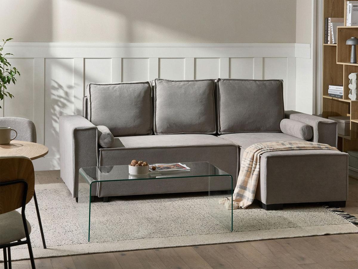 ECKSCHLAFSOFA 3-Sitzer Stoff Grau mit Stauraum linksseitig Edane - Grau, Textil (232/150cm) - Beliani