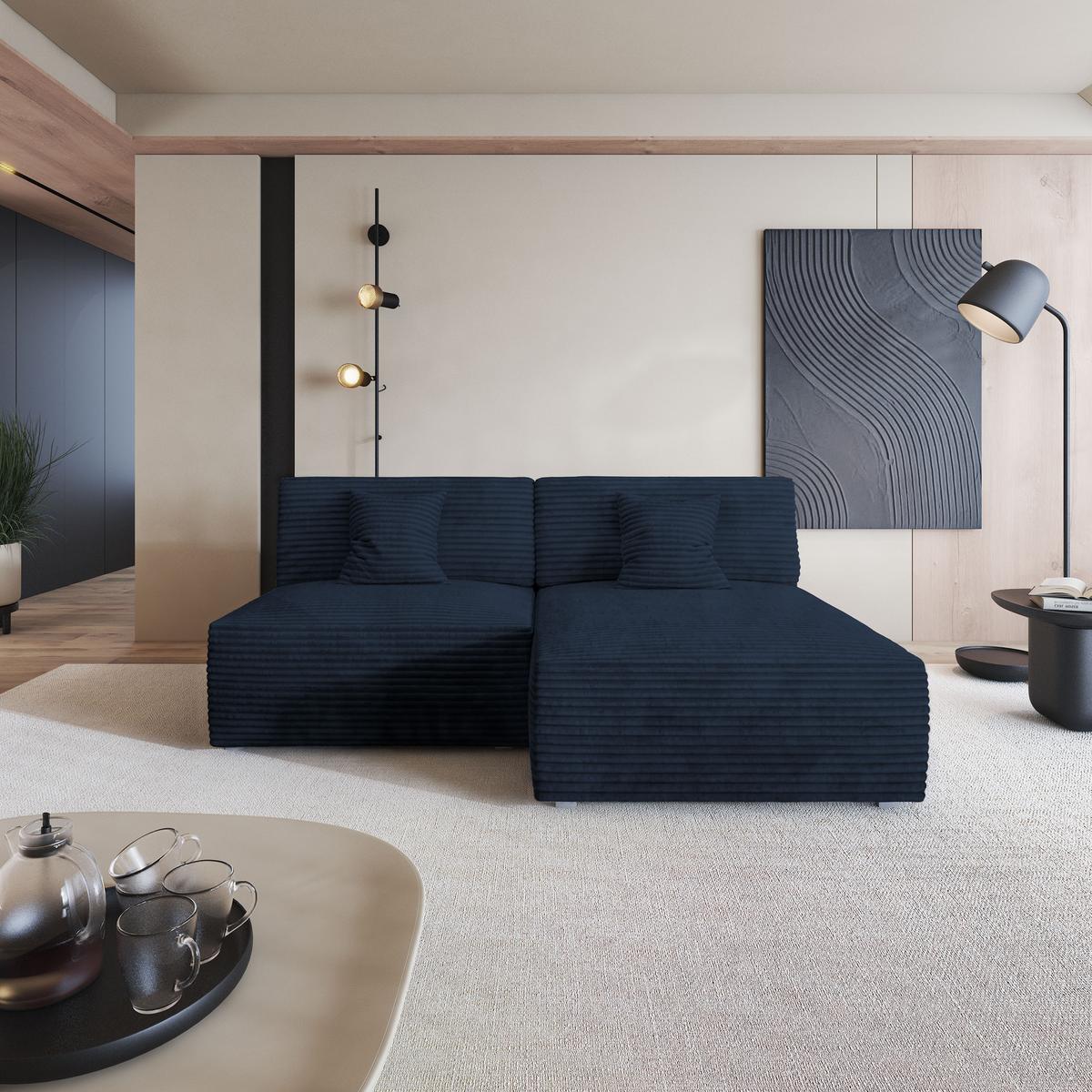 ECKSOFA FIORO Blau Kordstoff mit Schlaffunktion - Blau, Holz (204/148cm) - MASSENO