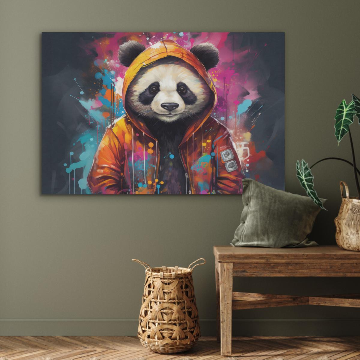 AKUSTIKBILD Panda - Jacke - Graffiti - Orange Wandbild Wohnzimmer 100x70 cm - Orange, Kunststoff (100/70/0.9cm) - MuchoWow