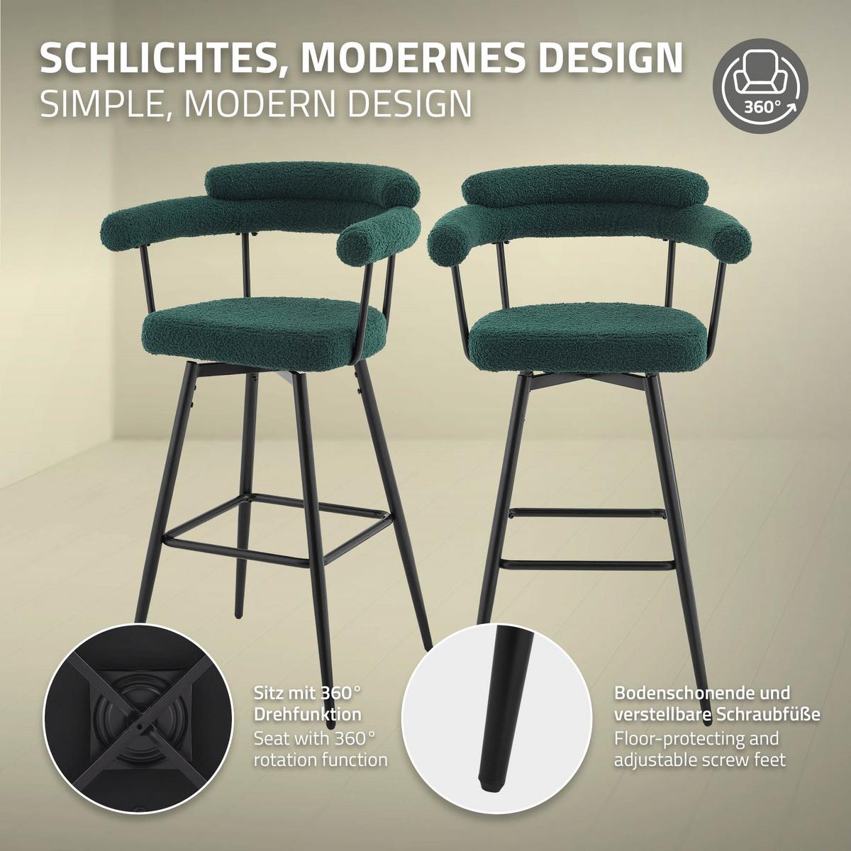 BARHOCKER 2er Set drehbar Dunkelgrün mit Teddy-Stoff 76 cm hoch - Dunkelgrün/Schwarz, Textil/Metall (61/103/55cm) - ML-DESIGN