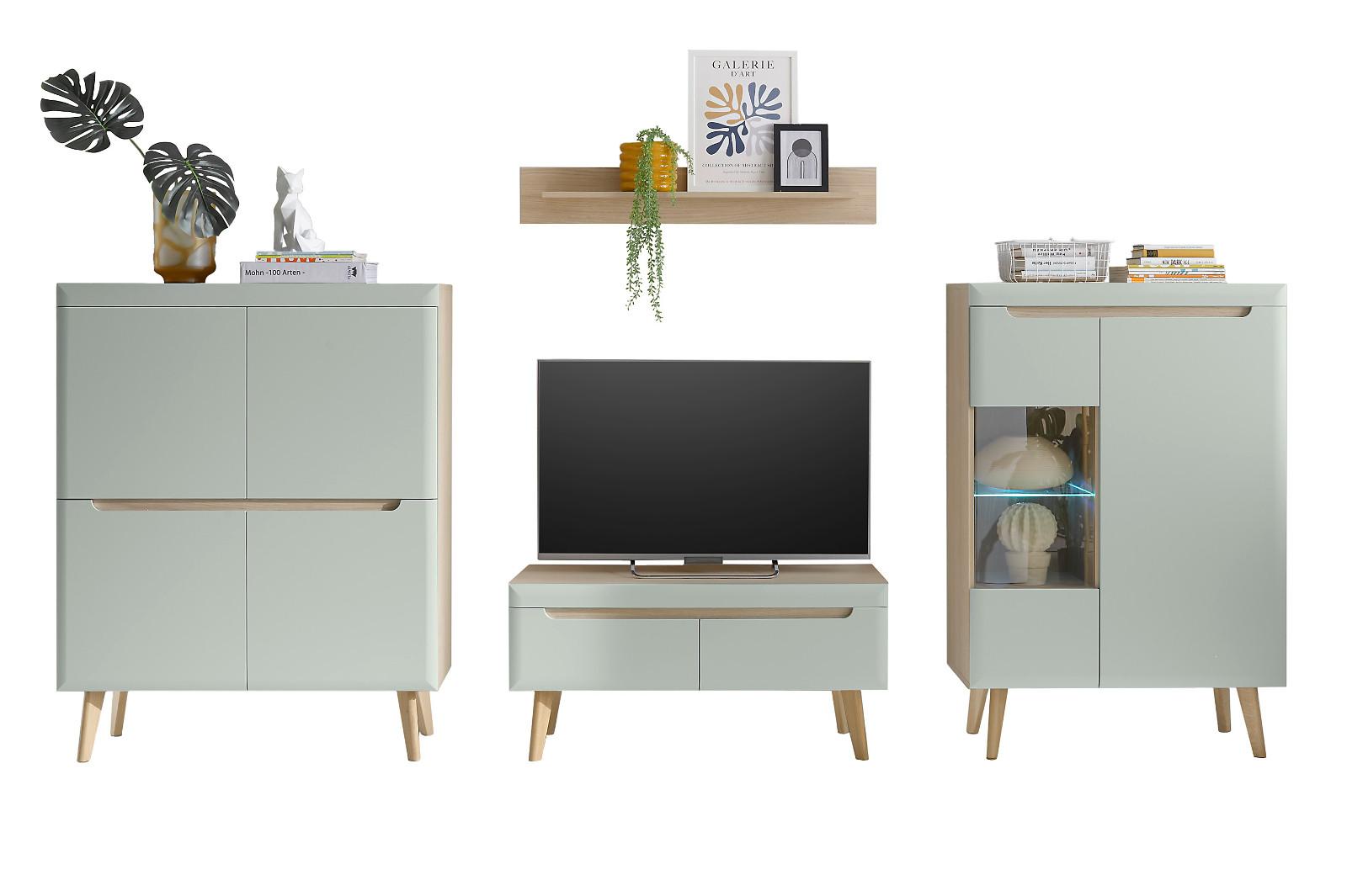 WOHNWAND 4-teilig pistazie grün, Eiche, skandinavisch 344 cm, Wohnkombination mit Soft-Close - Eichefarben/Pastellgrün, Glas/Eichenholz (344/170/40cm) - Furn.Design