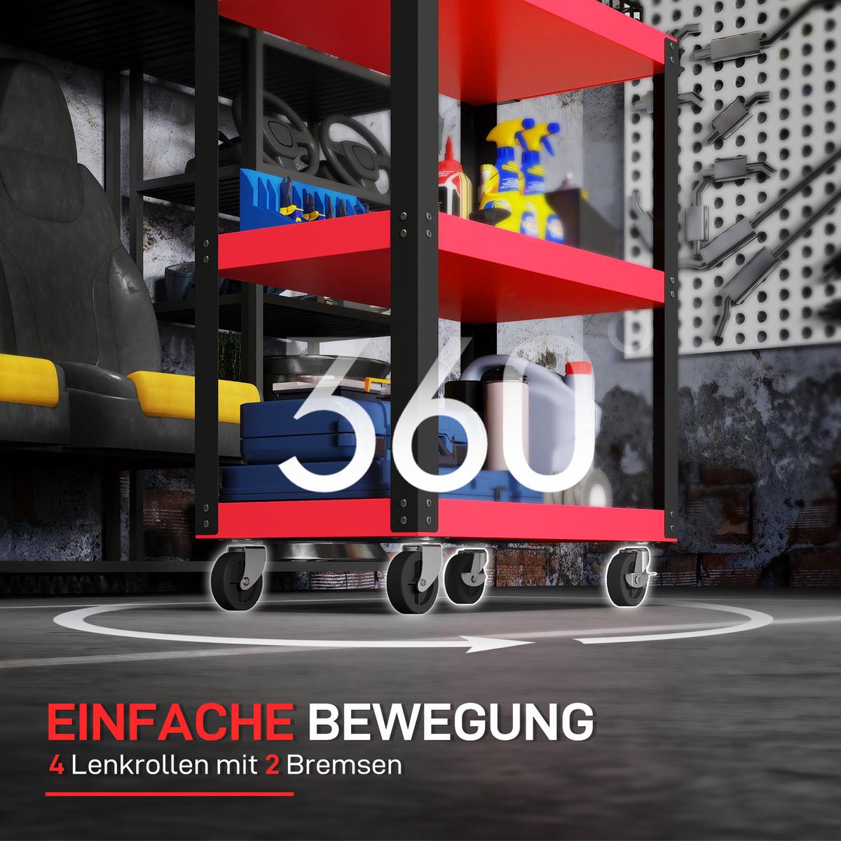 WERKSTATTWAGEN mit 3 Etagen Werkzeugwagen Transportwagen mit Griff - Rot, Metall (35/82.5/70.5cm) - HOMCOM
