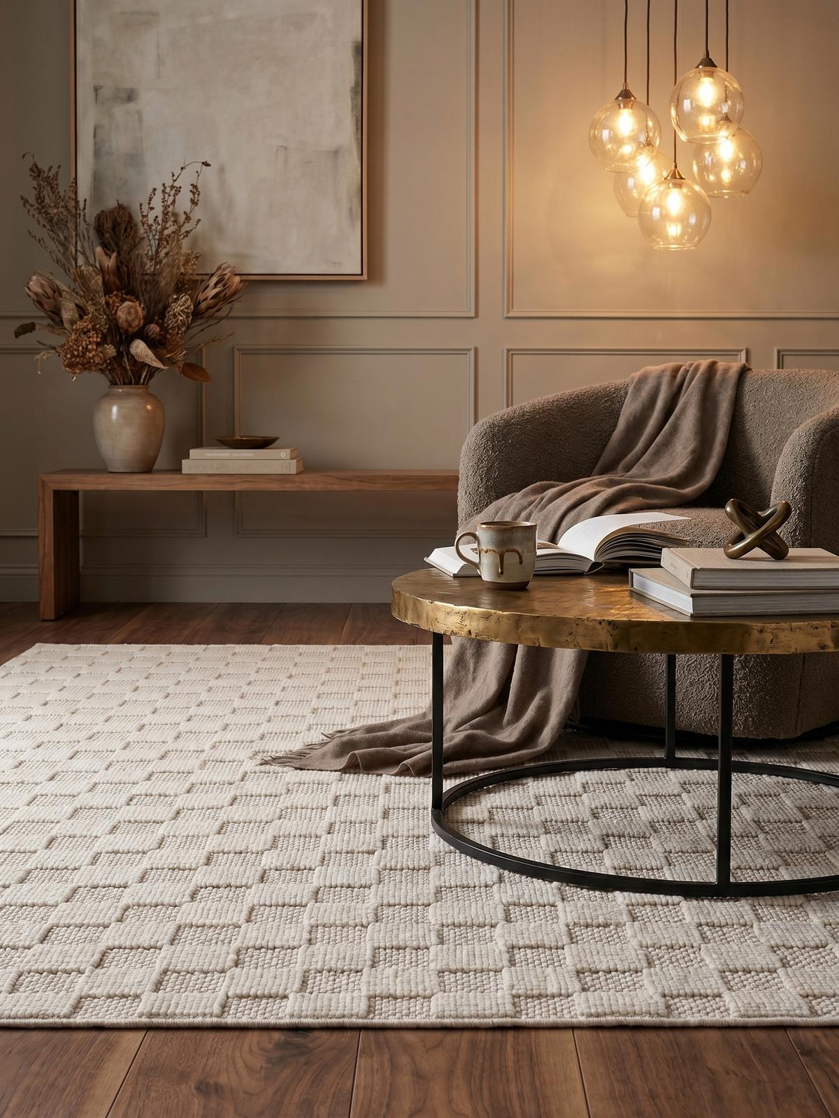 TEPPICH Flachgewebe LANGAU in Creme, mit Schachbrettmuster, 140 x 200 cm - Creme, Textil (140/200cm) - KADIMA DESIGN