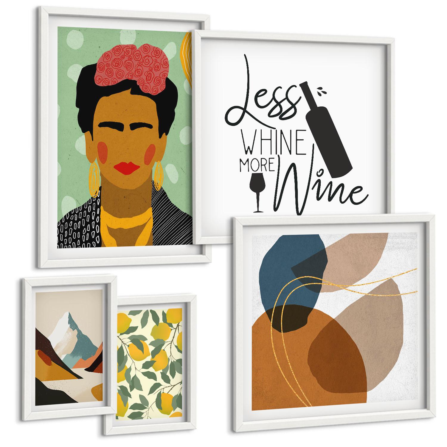 BILDER SET 5er Set - 50x50 cm & 20x30 cm & 40x60 cm Weißer Rahmen - Zitronenweinporträt von Frida - Weiß, Kunststoff (40/60cm) - TULUP