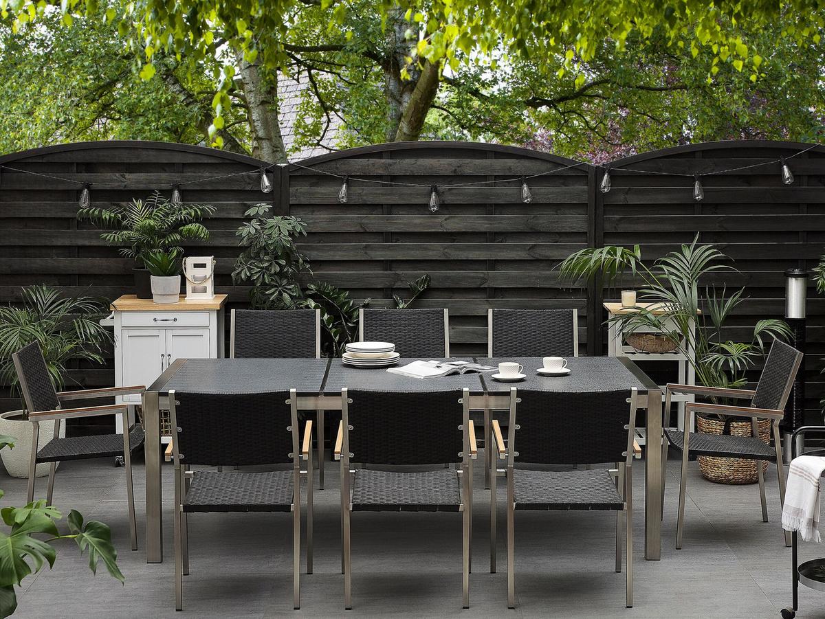 GARTENTISCH Edelstahl/Naturstein schwarz geflammt 220/100 cm Grosseto - Silberfarben/Schwarz, Stein (220/100/74cm) - Beliani