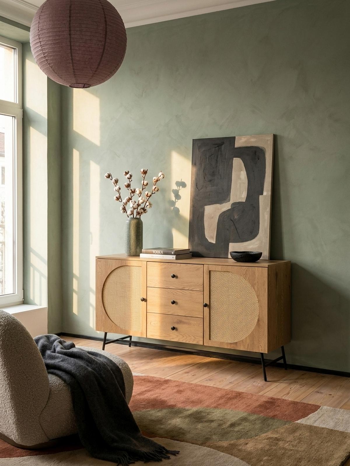 SIDEBOARD – Eiche-Dekor/Rattan, 140x80x40 cm, 2 Türen, 3 Schubladen, hoch - Schwarz/Braun, Holzwerkstoff/Metall (140/80/40cm) - KADIMA DESIGN