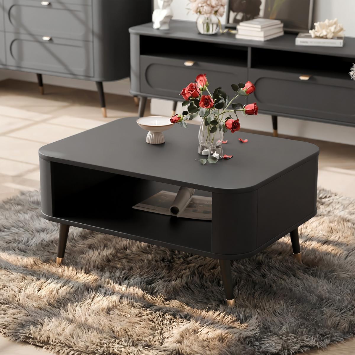 COUCHTISCH NOIR 80/60/42 cm Rechteckig, Schwarz - Goldfarben/Schwarz, Holzwerkstoff/Metall (60/80/42cm) - Idohome