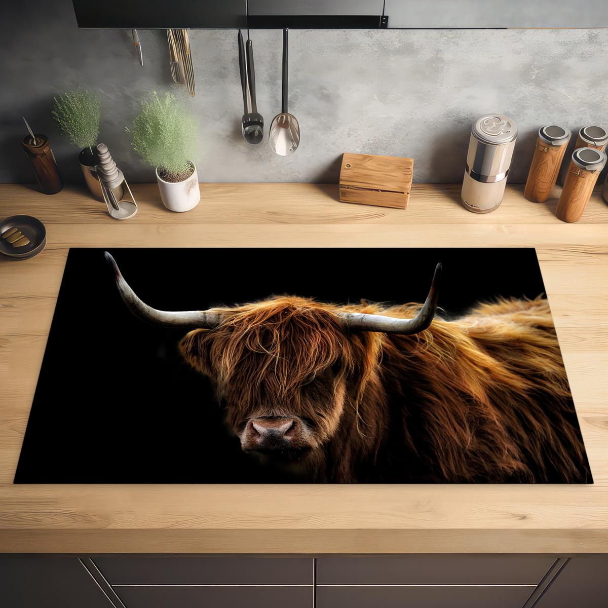 HERDABDECKPLATTE Schottischer Highlander - Hörner - Schwarz - Tiere - Natur - Wild - Kuh Induktionsschutz 89.6x51.6 cm - Cognac, Kunststoff (89.6/51.6/0.2cm) - MuchoWow