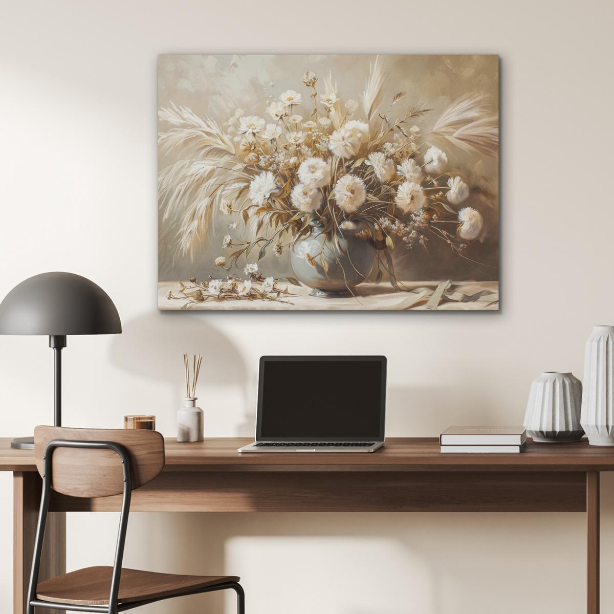 AKUSTIKBILD Blumen - Vase - Stilleben - Beige Gemälde 80x60 cm - Creme, Kunststoff (80/60/0.9cm) - MuchoWow