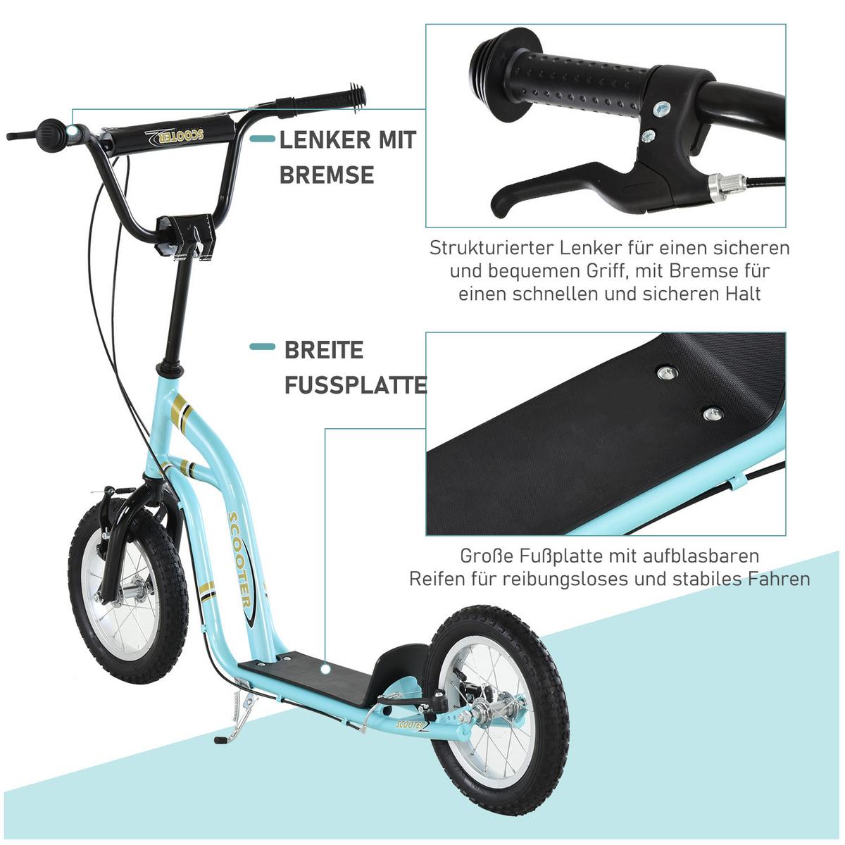 KINDERROLLER Höhenverstellbar Tretroller mit 12 Zoll Luftreifen, Kinder Roller - Hellblau, Metall (120/58/95cm) - HOMCOM