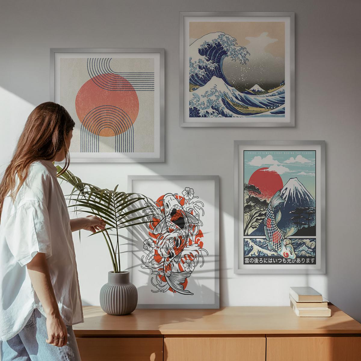 BILDER SET 4er Set - 50x50 cm & 40x60 cm Silberner Rahmen - Illustrationen von Fischbergen, die sich in Japan ausbreiten - Silberfarben, Kunststoff (50/50cm) - TULUP
