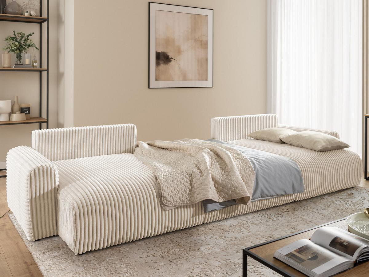 WOHNLANDSCHAFT Calma mit Schlaffunktion und Bettkasten im Bumpy-Design aus weichem Creme Plüschcord - Beige/Creme, Holz/Textil (336/88/140cm) - S-Style