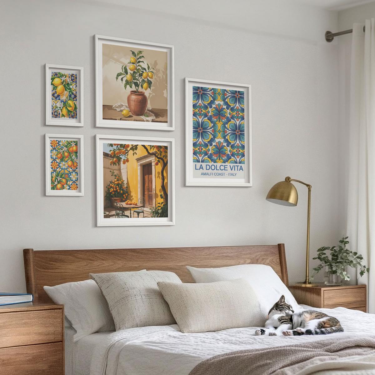 BILDER SET 5er Set - 50x50 cm & 20x30 cm & 40x60 cm Weißer Rahmen - Zitronen, Blumen, Orangen, Italien - Weiß, Kunststoff (40/60cm) - TULUP