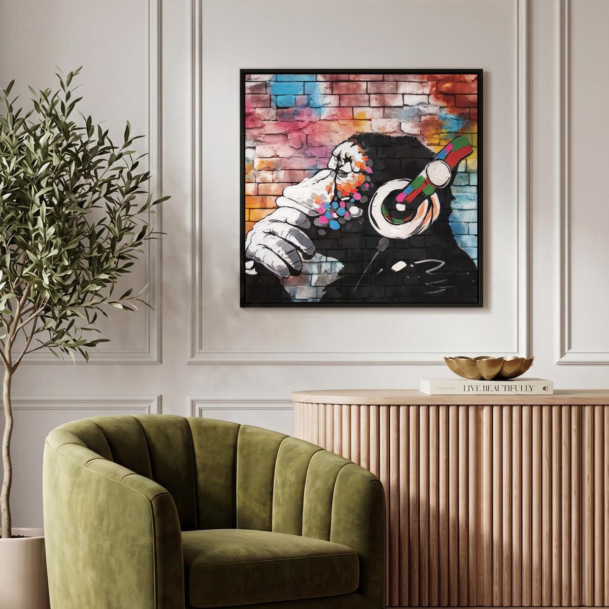 LEINWAND Bilder mit Rahmen - Affe - Graffiti - Musik - 50x50 - Multicolor, Textil (50/50cm) - MuchoWow