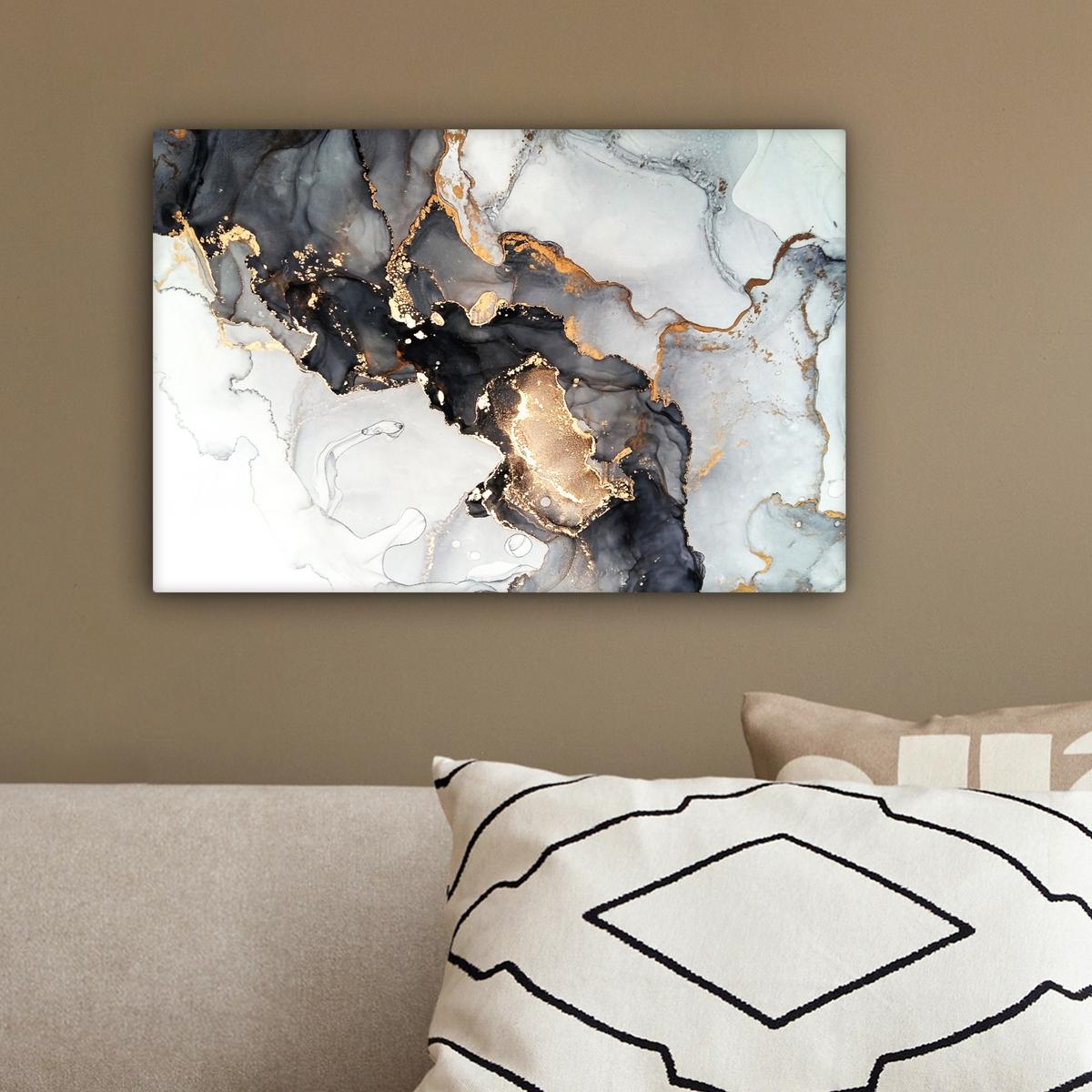 LEINWANDBILD Marmor - Schwarz - Weiß - Gold - Luxus - Abstrakt Deko Schlafzimmer 30x20 cm - Goldfarben, Textil (30/20cm) - MuchoWow