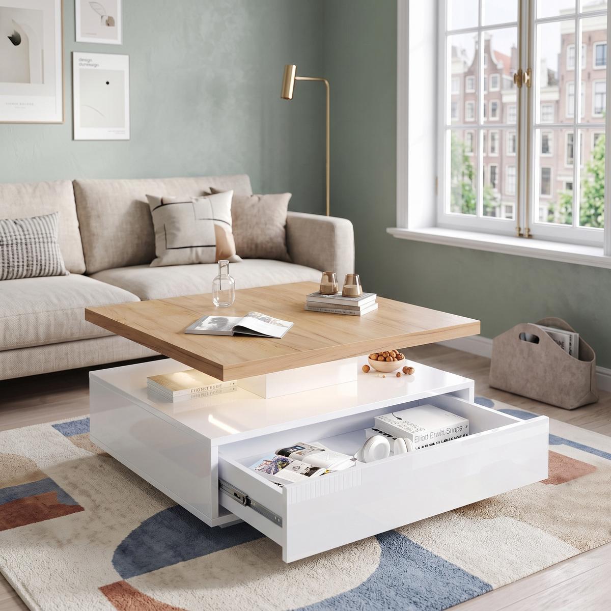 COUCHTISCH 360° Drehbar Weiß Hochglanz & Nussbaum Quadratisch 1 Schublade - Naturfarben, Holzwerkstoff (70/70/36cm) - Urban Meuble