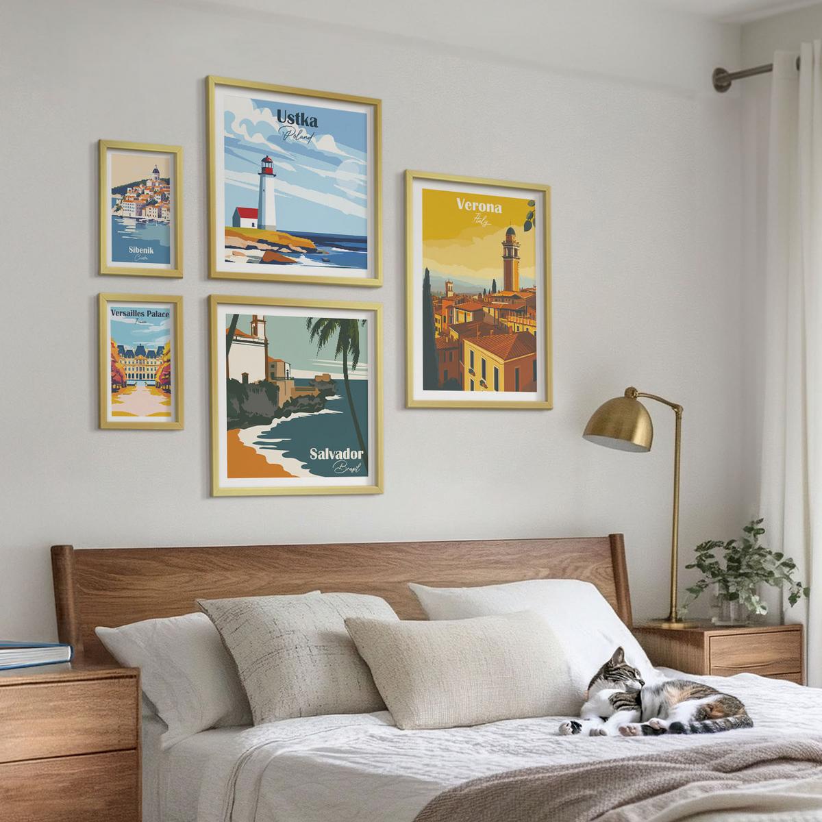 BILDER SET 5er Set - 50x50 cm & 20x30 cm & 40x60 cm Goldrahmen - Europäische Städte in farbigen Illustrationen - Goldfarben, Kunststoff (40/60cm) - TULUP