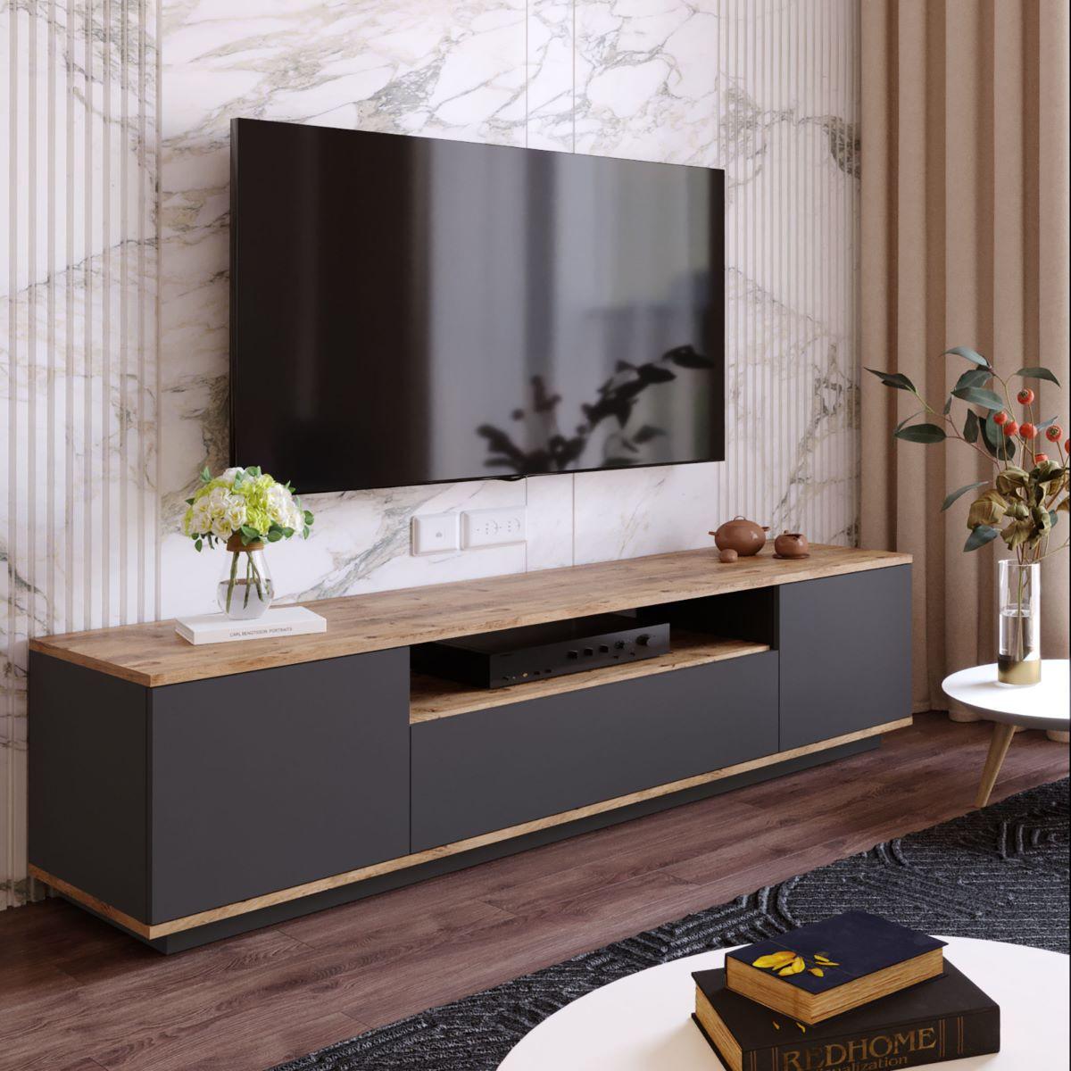TV-MÖBEL mit 3 Türen - L180 cm - Eiche Artisan/Grau, Holz/Holzwerkstoff (44.5/44.6/180cm) - Calicosy