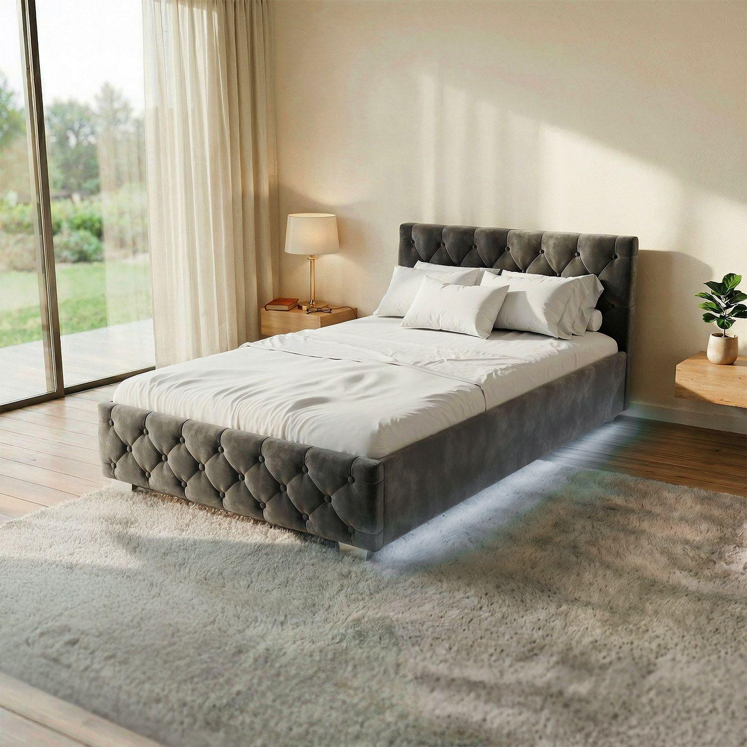 POLSTERBETT Nizza Dunkelgrau 120x200 cm mit Bettkasten und LED - Dunkelgrau, Holzwerkstoff (120/200cm) - Juskys