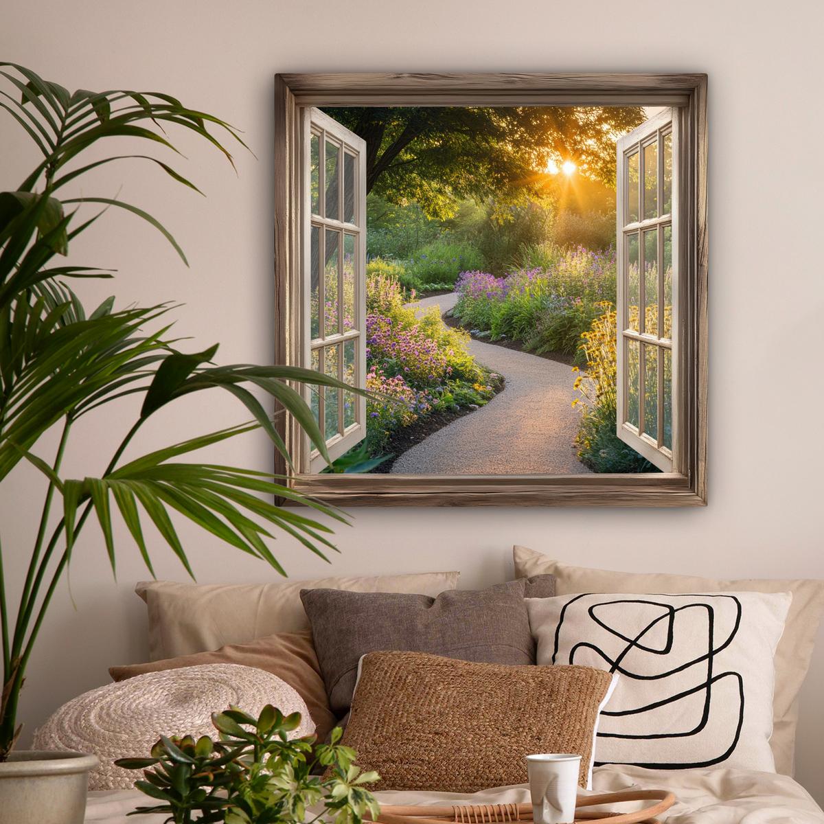 LEINWANDBILD Aussicht - Blumen - Natur - Sonne - Weg Deko Groß 90x90 cm - Hellgelb, Textil (90/90cm) - MuchoWow